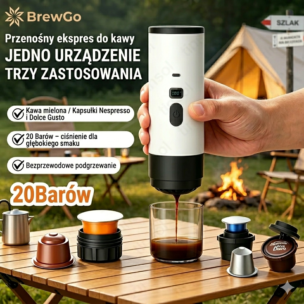 BrewGo 3w1 – Przenośny Ekspres Espresso 20 Bar | Dom · Biuro · Podróż