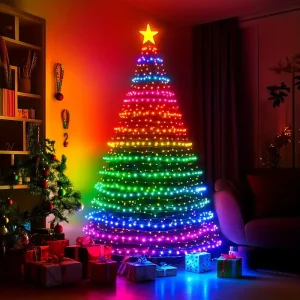 Inteligentne lampki choinkowe LED z efektem wodospadu i gwiazdą | Sterowanie aplikacją, timer, RGB
